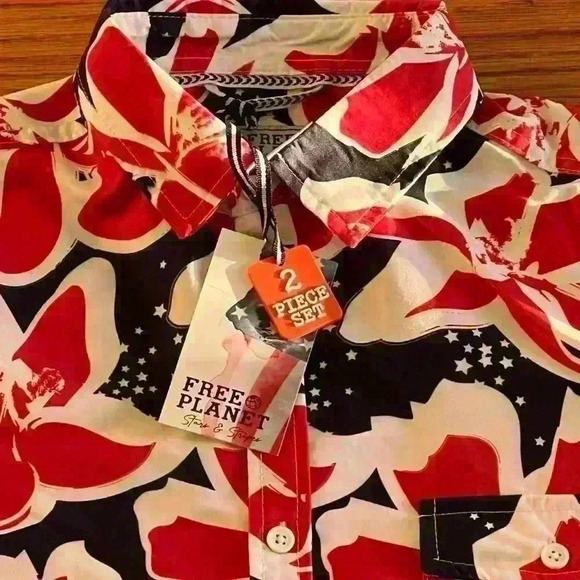 Free Planet Surf and Swim Men’s 2 piece swim trunks and top red white blue small - Picture 8 of 14